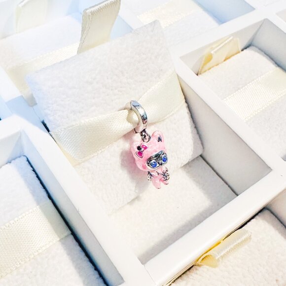925 Sterling Silver Cat In Pink Costume Dangle Charm Fits Pandora Charm Bracelet - Picture 6 of 8